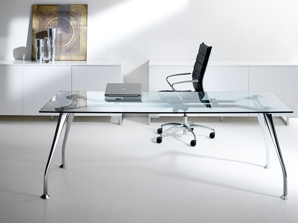 Zeta 1 Glass Top Executive Desk with Chrome Legs and Optional Credenza Unit
